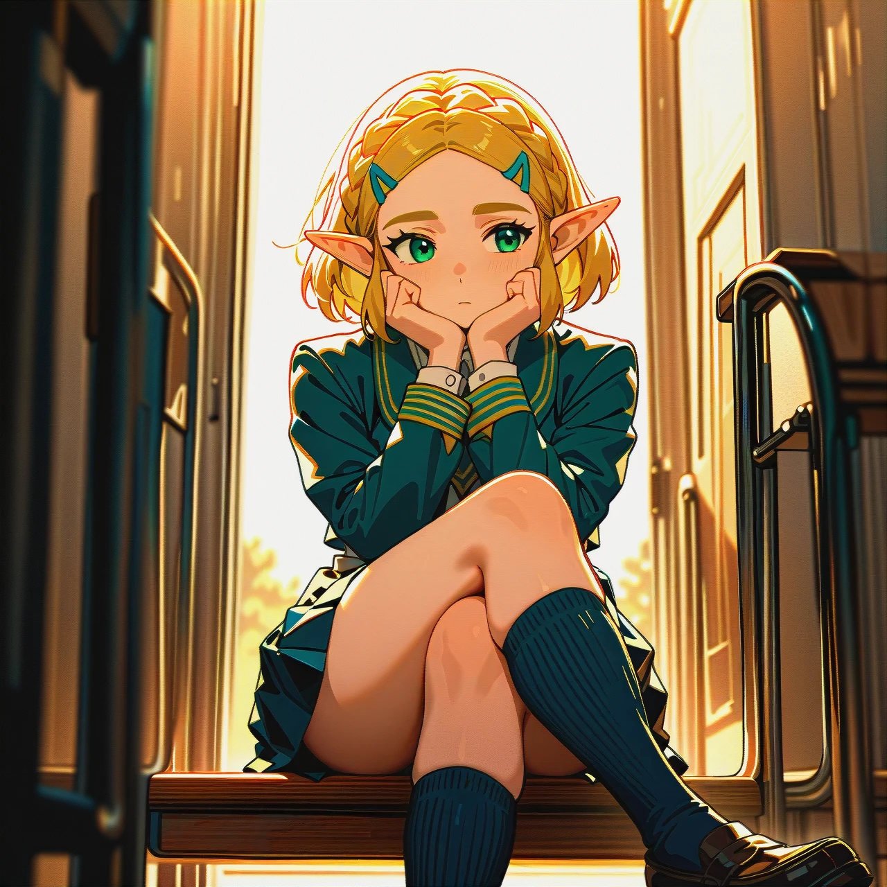 schoolgirl, skirt, shoes, socks, school_uniform, full_body,   (wide_shot), (dutch_angle), (upper_body), (sideways_glance)  sitting, (crossed_legs), (hands_on_own_face)  (bored)  @princess_zelda