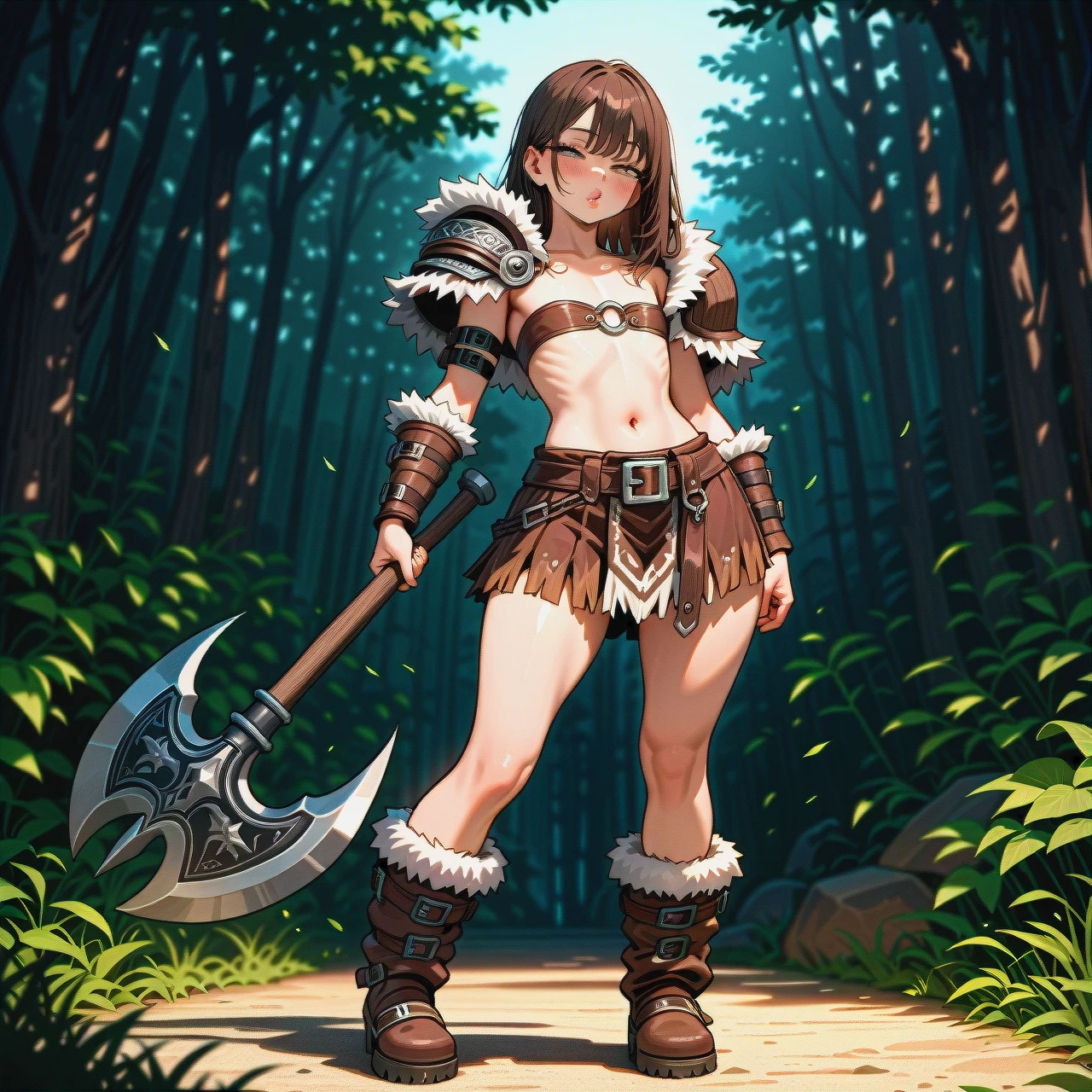 boy,very feminine fit,very feminine face,silm fit,medium brown hair,long legs,big butt,barbarian shoulder pad on left hand,opened chest,barbarian skirt,fur boots,big grey eyes with eyelashes,big lips,pointed face,standing,half-closed eyes,flat chest,calm face,viking axe in left hand