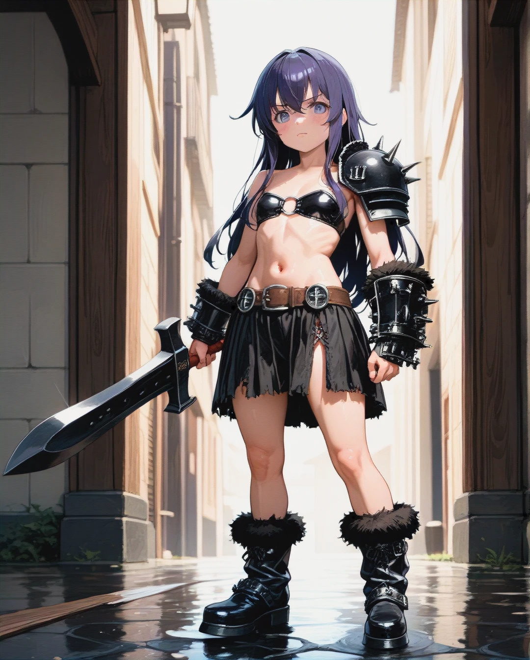 @akatsuki, legs,barbarian shoulder pad on left hand,opened chest,barbarian skirt,fur boots,standing, Conan blade in left hand