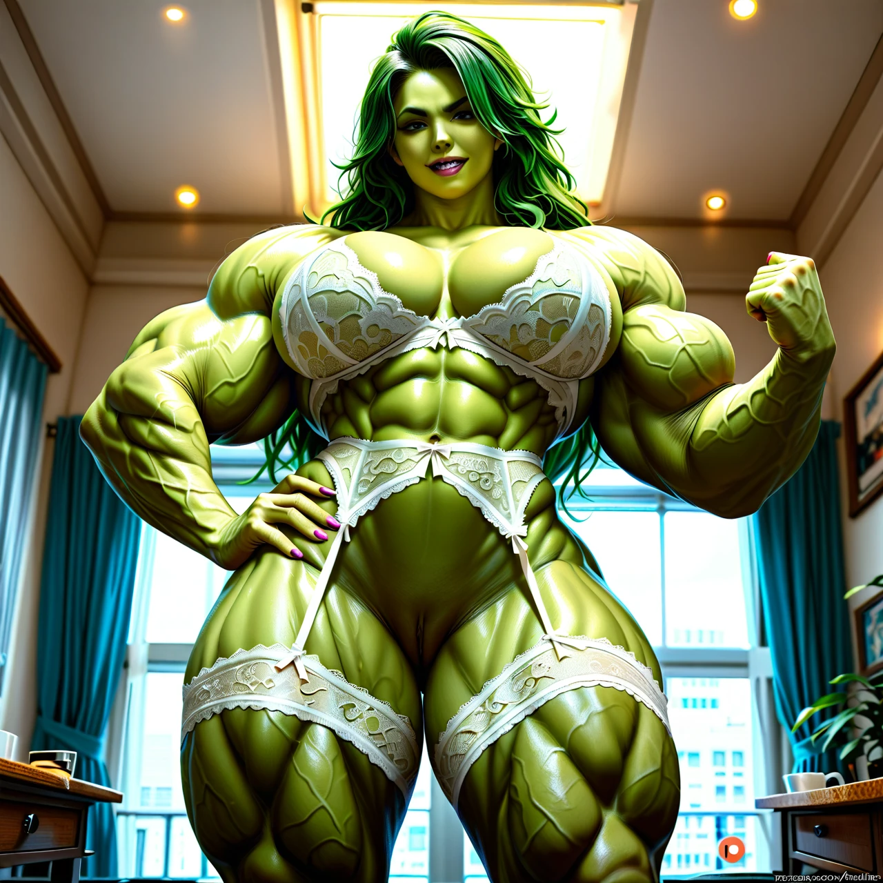 She Hulk, extreme hyper (muscular_female), massive muscles, hyper gigantic massive muscles, hyper huge massive muscles, massive muscles, hyper gigantic muscles, hyper gigant muscles, hyper giant muscle, lingerie stockings, pussy