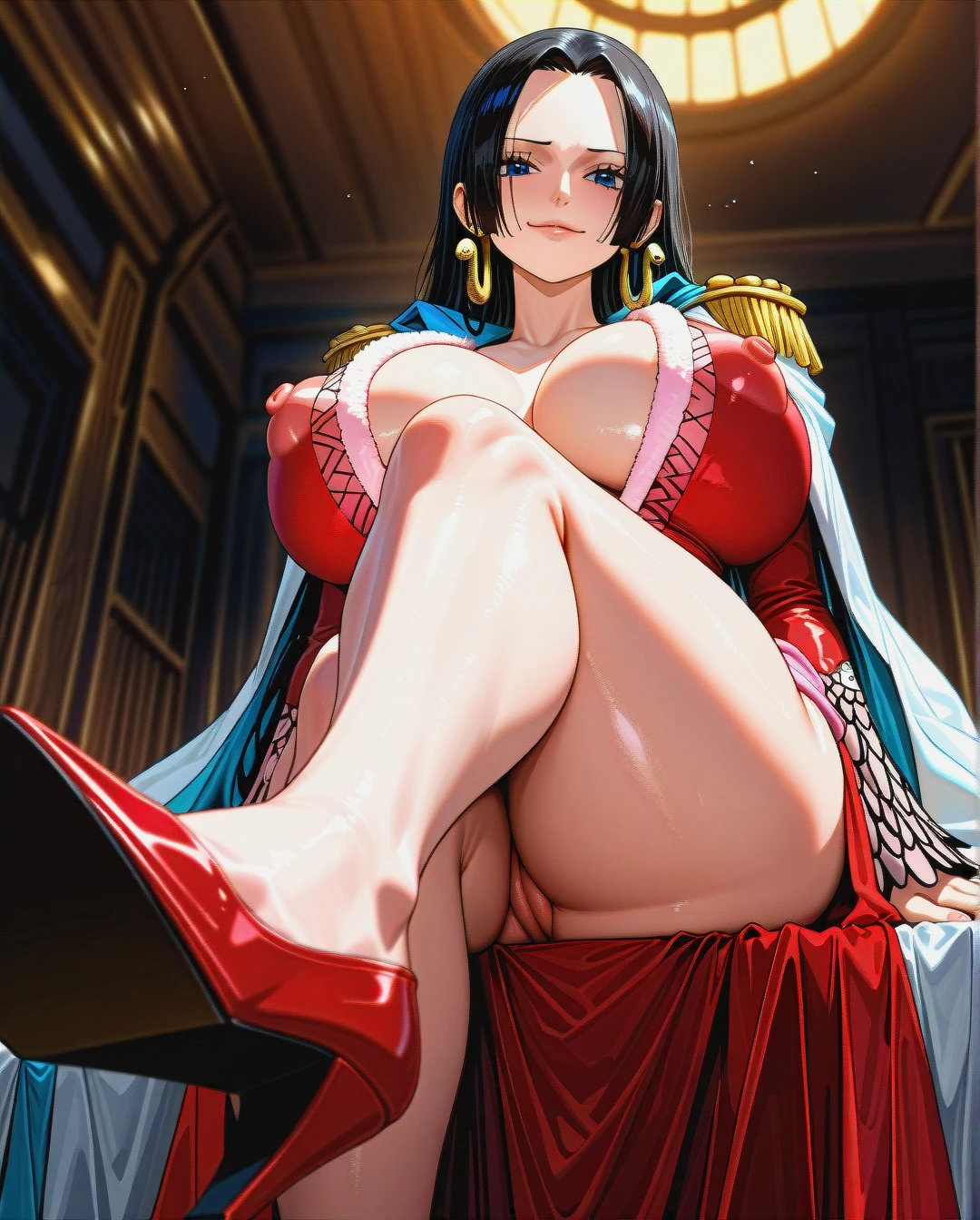 Korean @boa_hancock , wearing dress pussy (from_below) red high heels (blue_eyes), (crossed_legs) (seductive_smile), sexy curvy body plump, massive perky breasts exposed, puffy nipples, (foot_focus) dark room