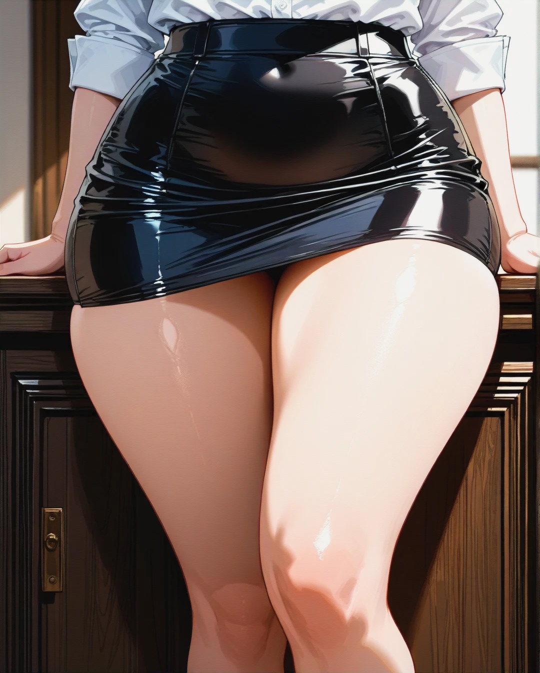 hot secretary, blonde, thick thighs, long elegant legs, beautiful face, naughty look, seductive lips, tight black skirt, white shirt unbottened, legs focus, waifu