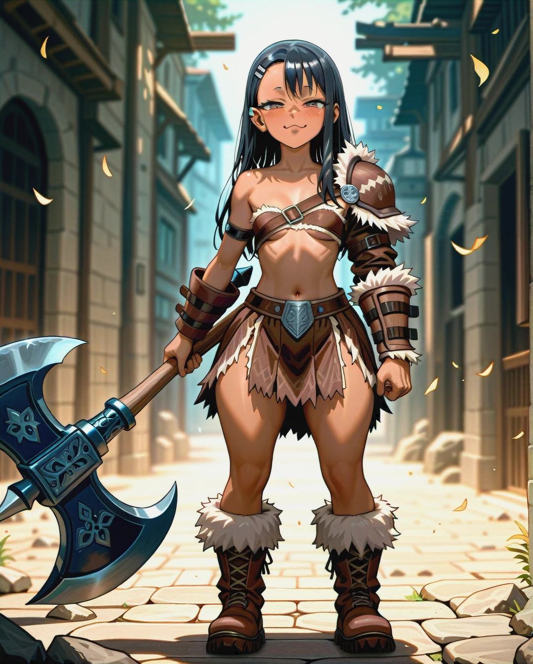 @nagatoro_hayase, legs,big butt,barbarian shoulder pad on left hand,opened chest,barbarian skirt,fur boots,big grey eyes with eyelashes,big lips,pointed face,standing,half-closed eyes,calm face,viking axe in left hand