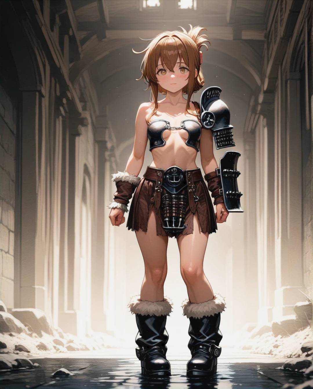 @inazuma, legs,barbarian shoulder pad on left hand,opened chest,barbarian skirt,fur boots,standing, Conan blade in left hand