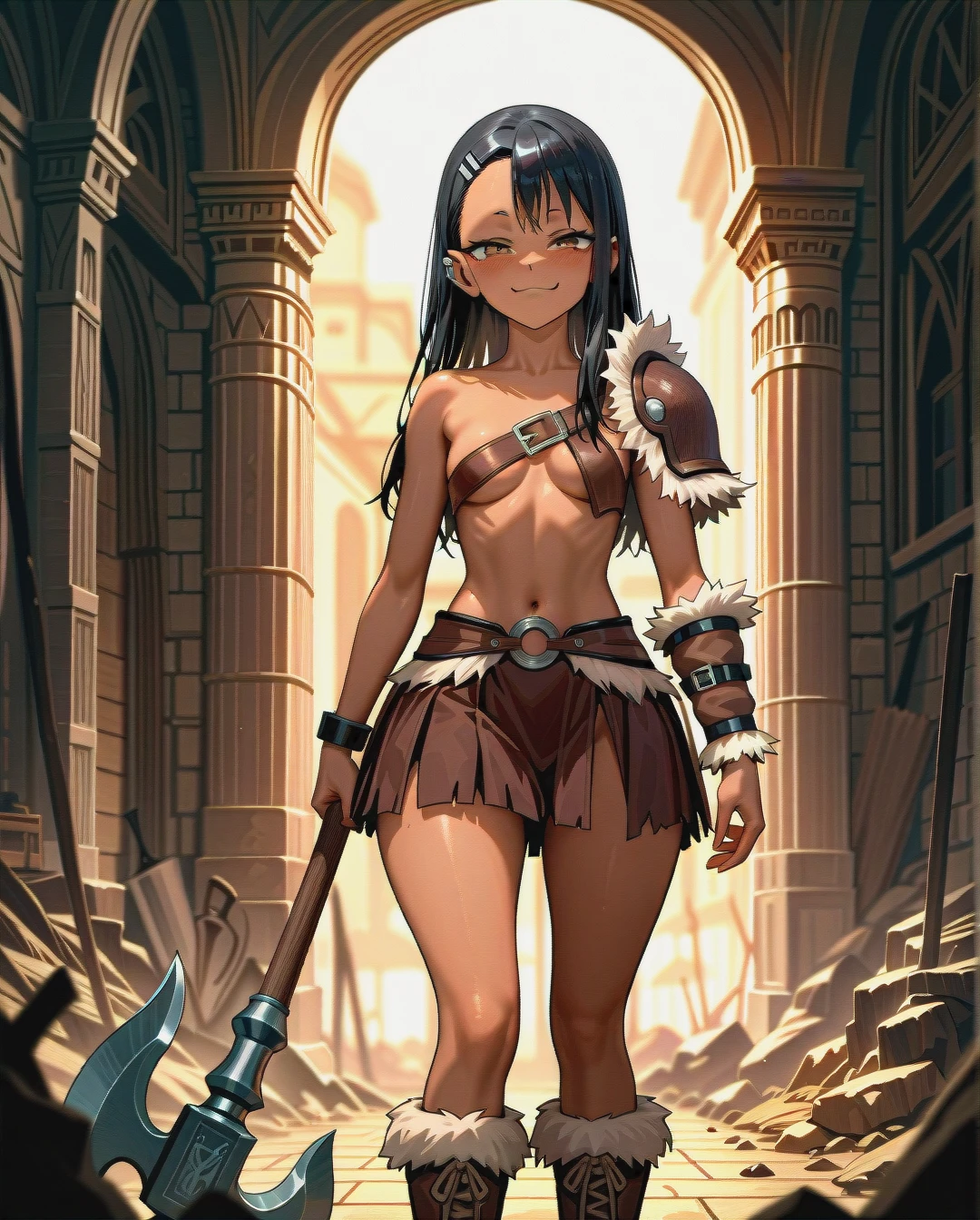 @nagatoro_hayase, legs,big butt,barbarian shoulder pad on left hand,opened chest,barbarian skirt,fur boots, eyelashes,standing,half-closed eyes,calm face,viking axe in left hand