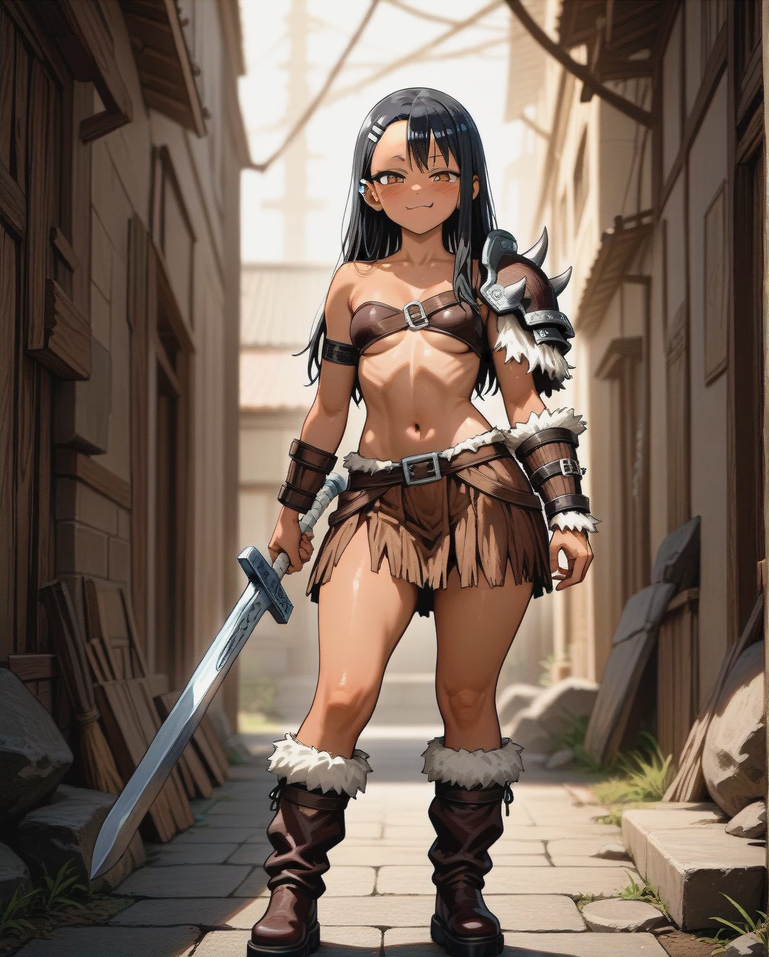 @nagatoro_hayase, legs,big butt,barbarian shoulder pad on left hand,opened chest,barbarian skirt,fur boots,standing,viking blade in left hand