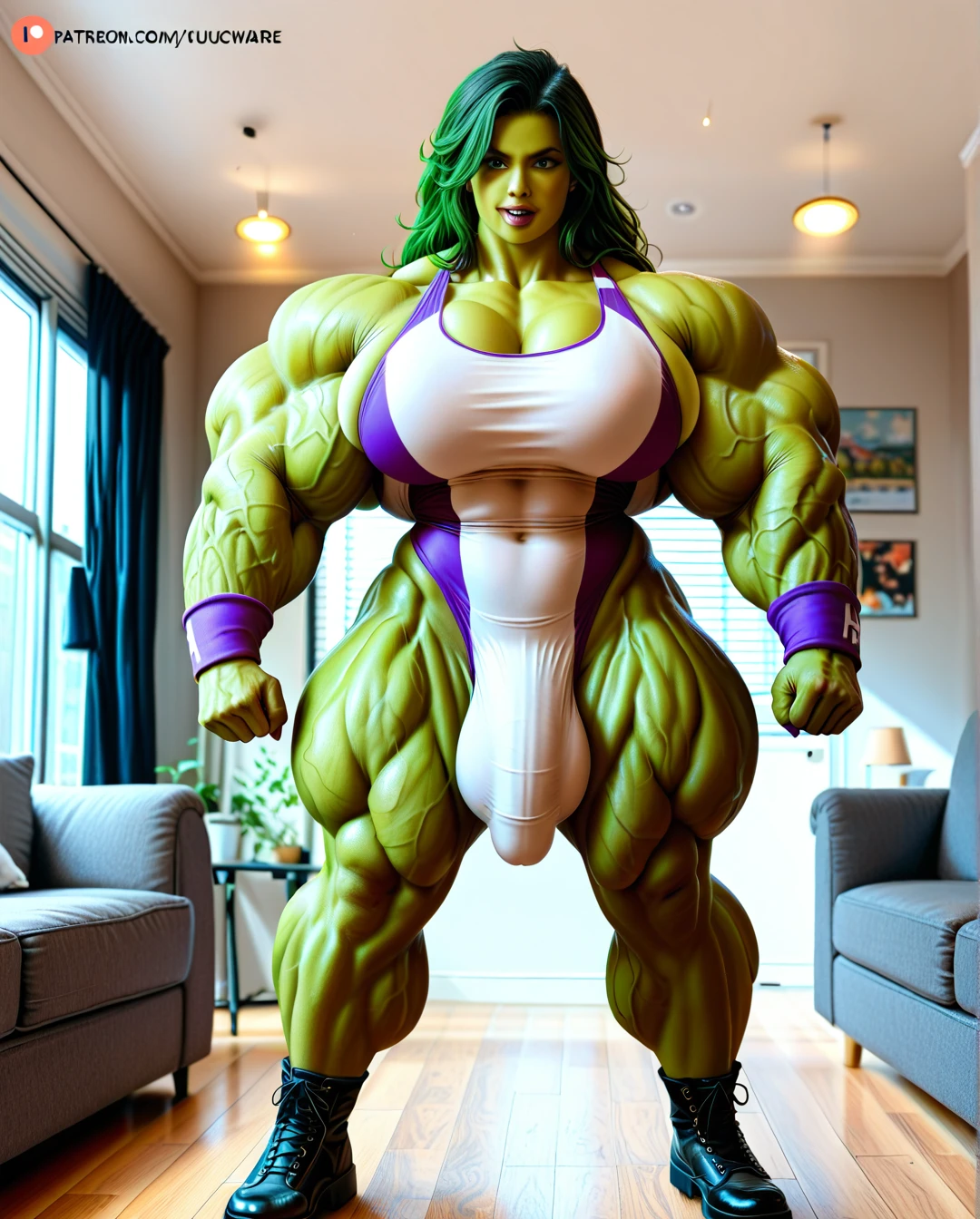 She hulk, costume violet, hyper massive muscles female, massive muscles, hyper gigantic muscles, hyper gigant muscles, hyper giant muscles, hyper muscle tank, pectorales, hyper massive muscle legs, bigger Futanari Cock bulge, home