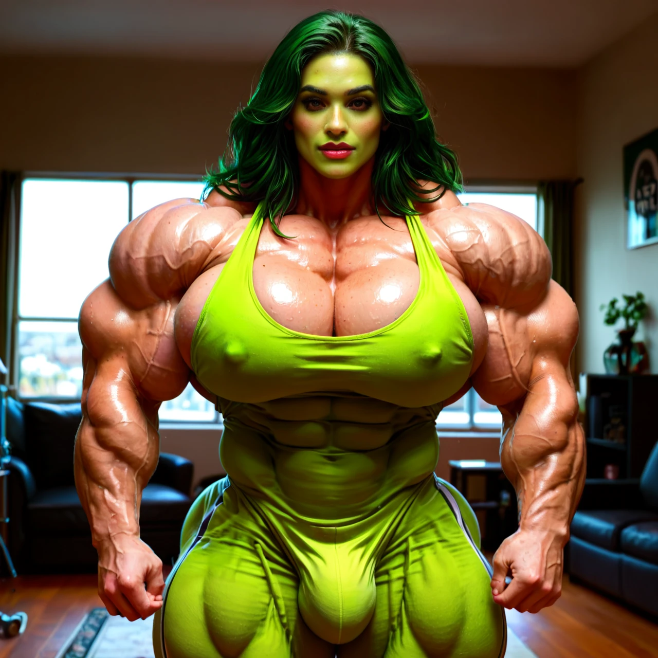 She hulk, costume violet, hyper massive muscles female, massive muscles, hyper gigantic muscles, hyper gigant muscles, hyper giant muscles, hyper muscle tank, pectorales, bigger Futanari Cock bulge, home