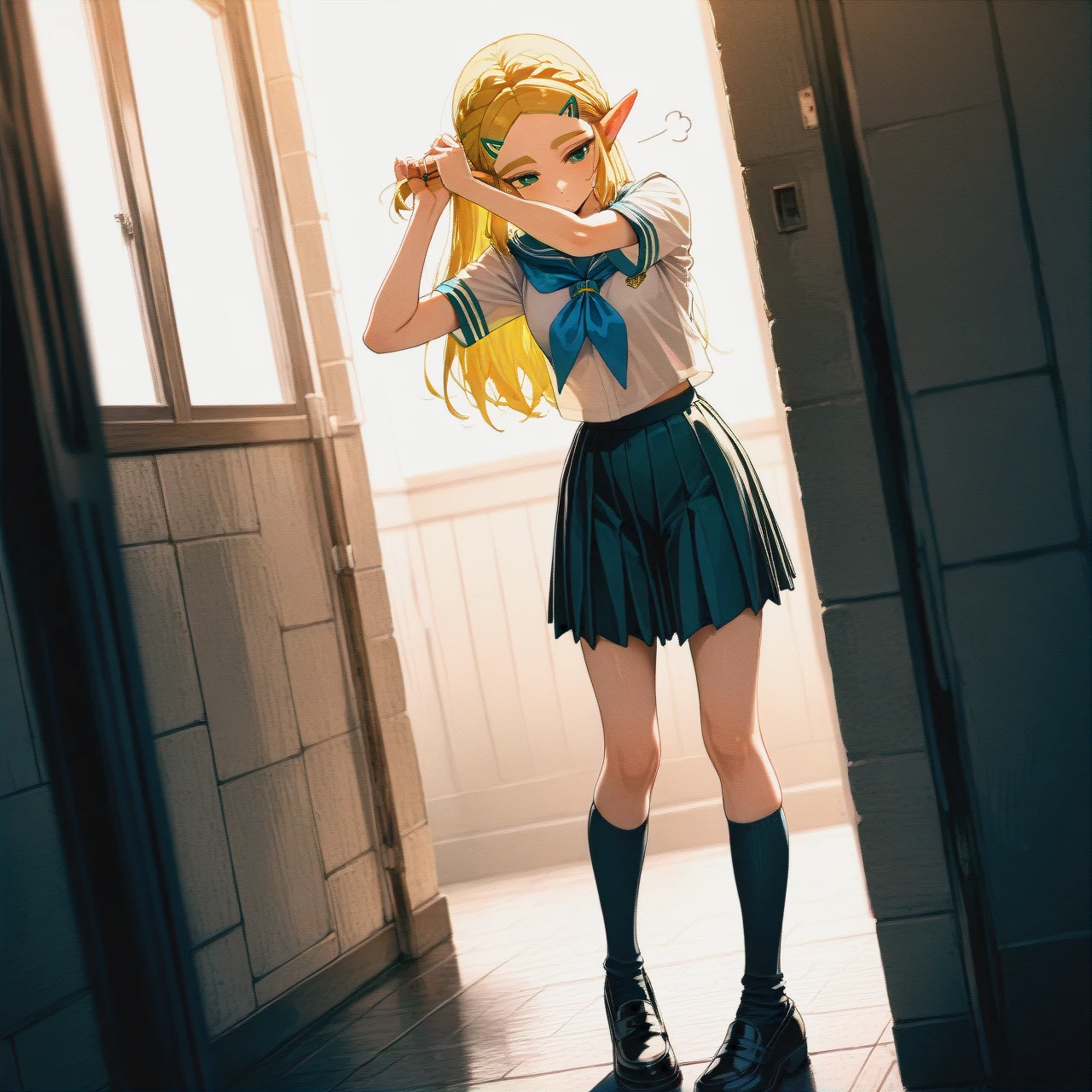 schoolgirl, skirt, shoes, socks, school_uniform,   (wide_shot), (dutch_angle)   (leaning_to_the_side), (tying_hair)  (sigh),   (skinny)  @princess_zelda