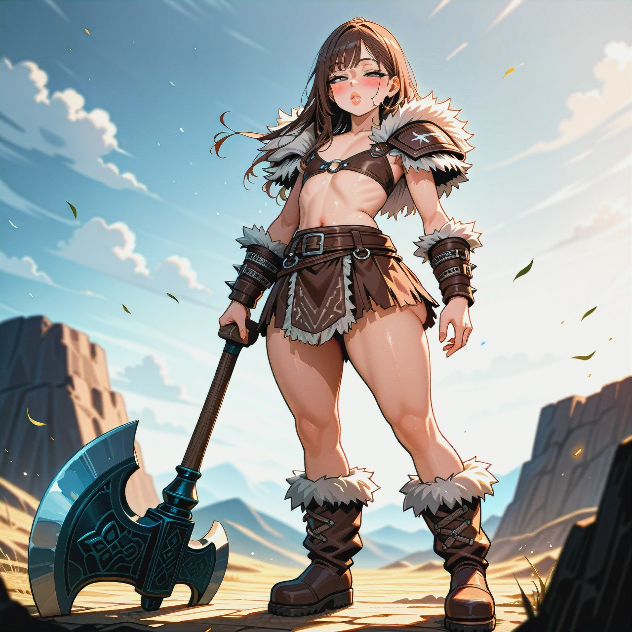 boy,very feminine fit,very feminine face,silm fit,medium brown hair,long legs,big butt,barbarian shoulder pad on left hand,opened chest,barbarian skirt,fur boots,big grey eyes with eyelashes,big lips,big butt,pointed face,standing,half-closed eyes,flat chest,calm face,viking one-bladed axe in left hand