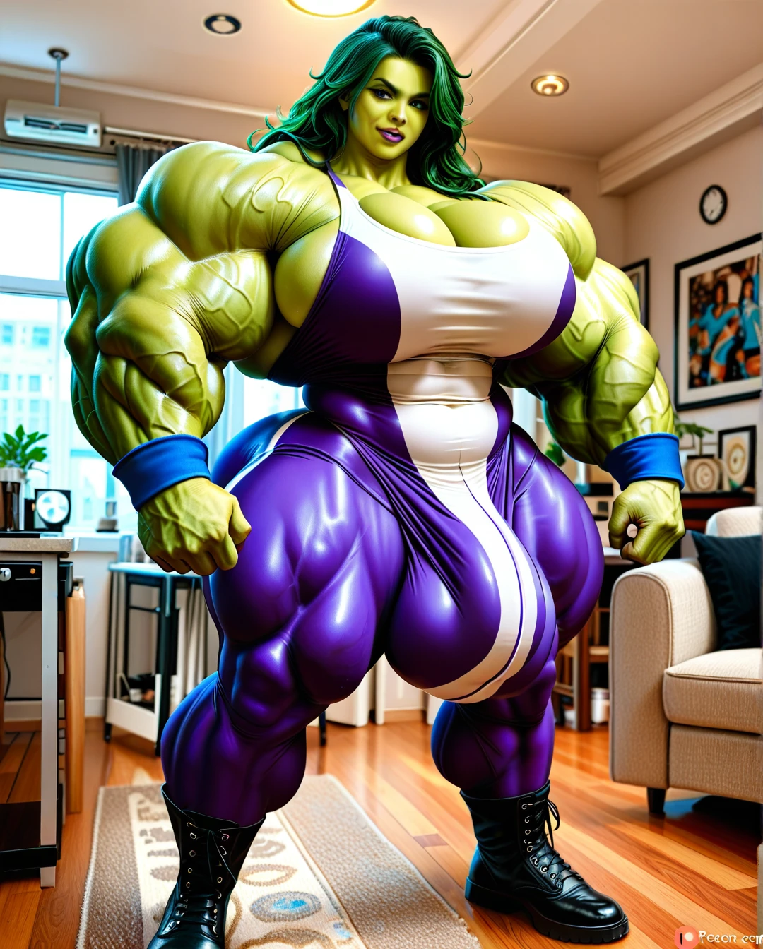 She hulk, costume violet, hyper massive muscles female, massive muscles, hyper gigantic muscles, hyper gigant muscles, hyper giant muscles, hyper muscle tank, pectorales, hyper massive muscle legs, bigger Futanari Cock bulge, home