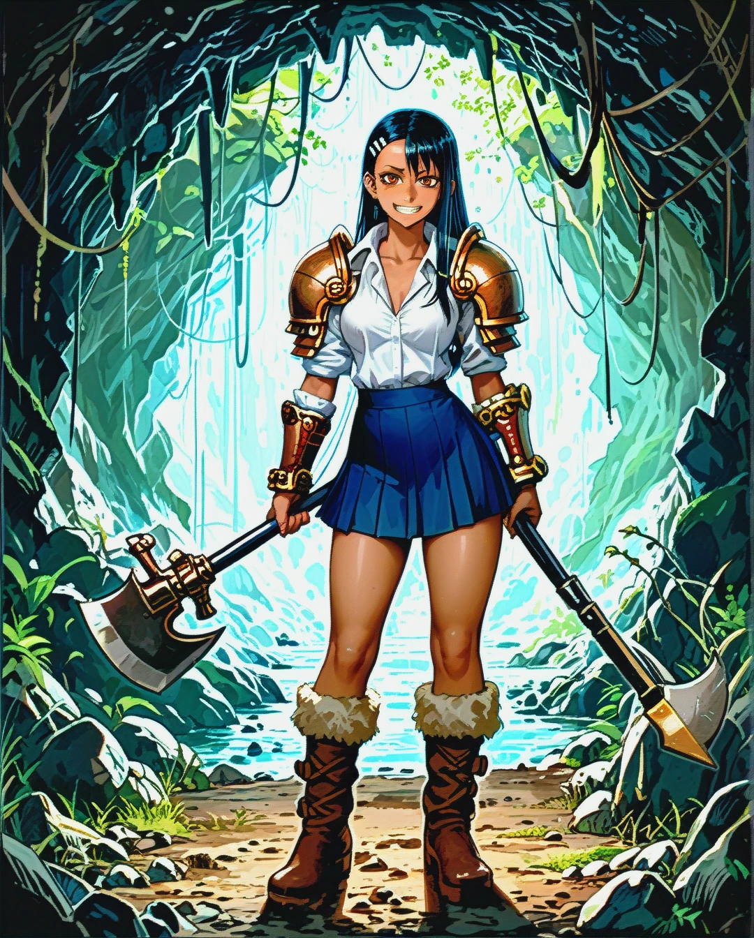 @nagatoro_hayase, legs,big butt,barbarian shoulder pad on left hand,opened chest,barbarian skirt,fur boots,standing,viking axe in left hand, in a cave, torchs