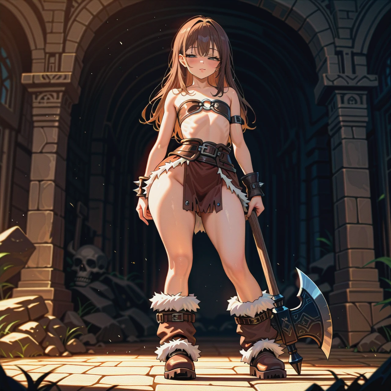 femboy,silm fit,medium brown hair,long legs,big butt,barbarian clothes,opened chest,barbarian skirt,fur boots,big grey eyes with eyelashes,big lips,pointed face,standing,half-closed eyes,flat chest,calm face,battle-axe in left hand