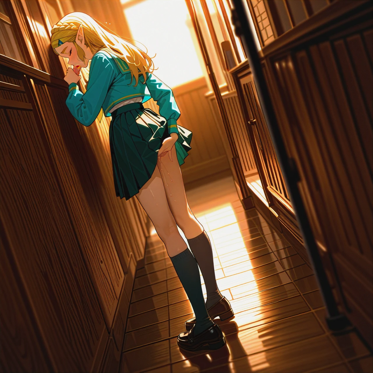 schoolgirl, skirt, shoes, socks, school_uniform,   (wide_shot), (dutch_angle), (from_side)  (fellatio), (fingering)  (eyes_closed), (saliva)  (skinny)  (voyeurism) @princess_zelda