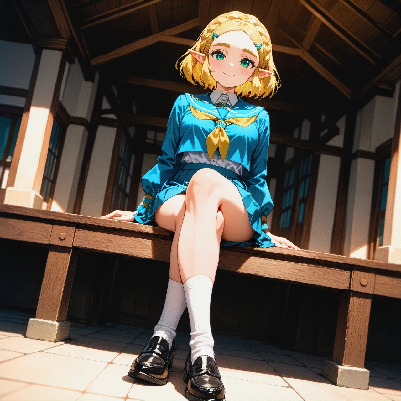 schoolgirl, skirt, shoes, socks, school_uniform, full_body, (wide_shot), (dutch_angle),   sitting, (crossed_legs),   (smile),  @princess_zelda