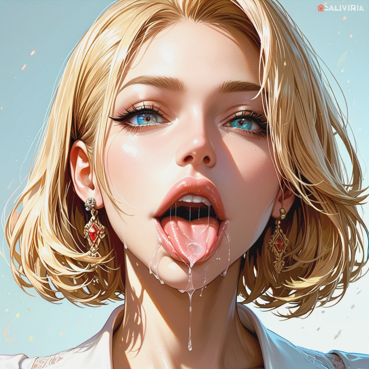 (tongue_out), (saliva), salvia on tongue, blonde cute girl, big lips, focus on mouth,