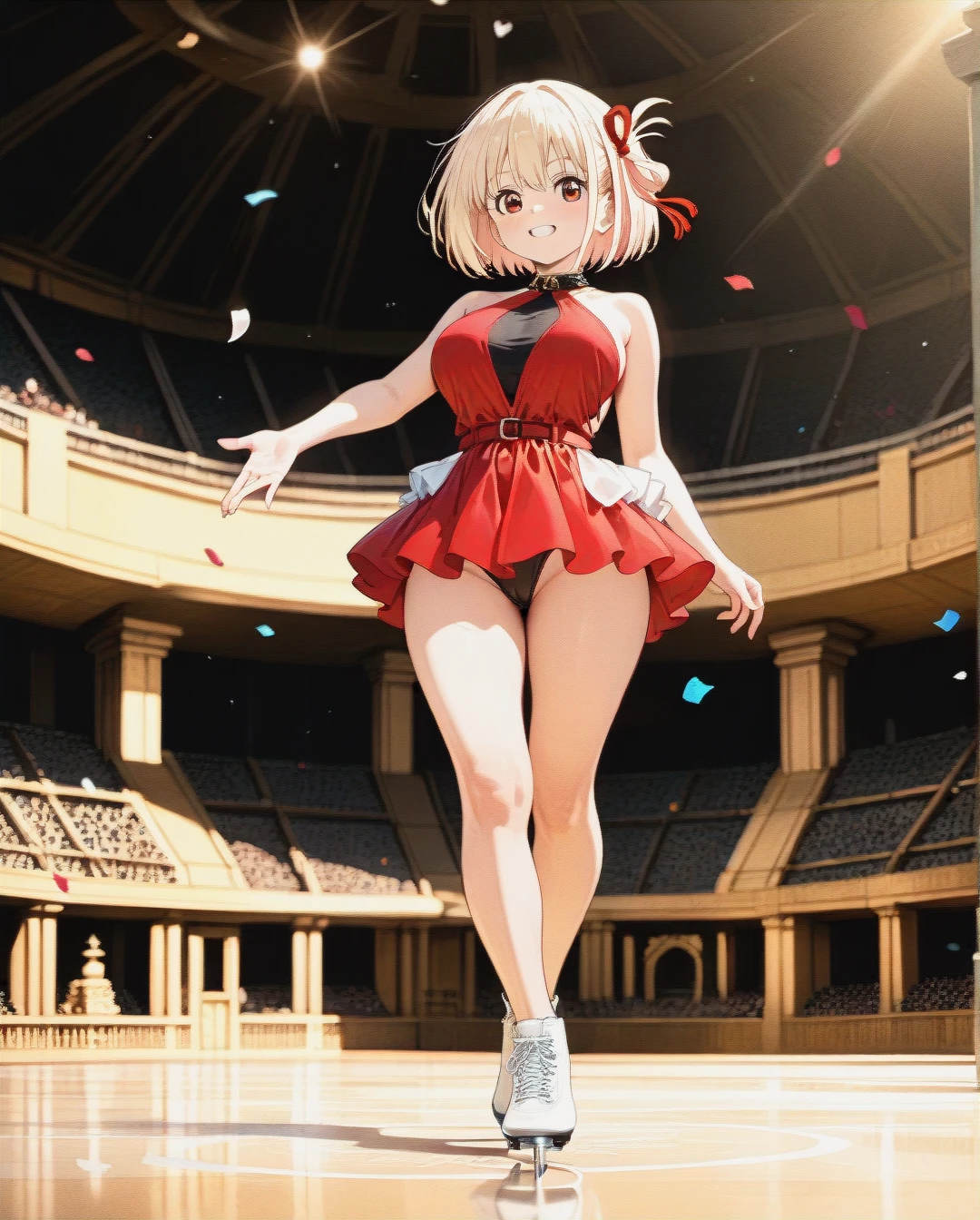 @nishikigi_chisato, Figure Skating Costume, dress, micro skirt,Toe_loop,detailed eyes,skatelink,colosseum,