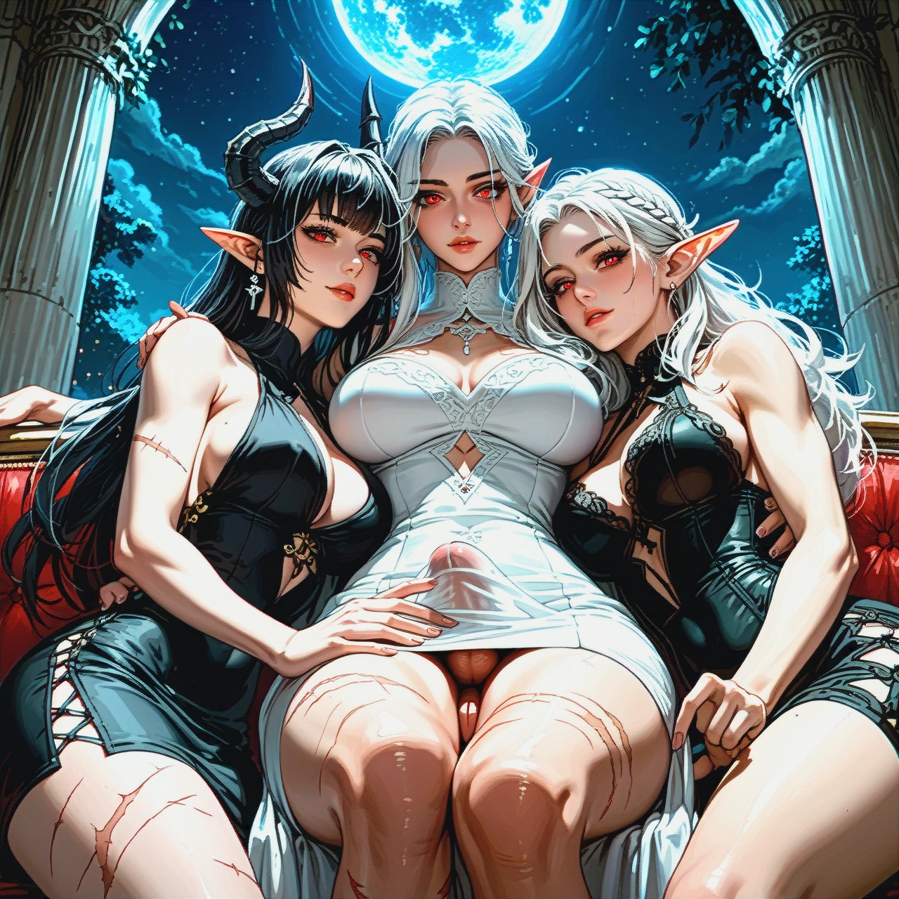 3 woman, (full-package_futanari), (cuddling), night, scars  Woman1: Black hair, red eyes, elf, black dress, bulge penis   Woman2: White hair, red eyes, elf, white dress, bulge penis   Woman3: White hair, white eyes, elf, black horns, black dress, bulge penis