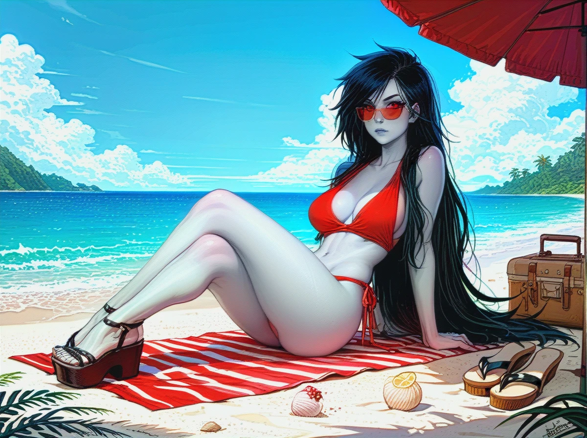 @marceline_abadeer, grey skin, black shaved side hair, sunglasses, low cut red bikini, cleavage, visible belly button, platform sandals, rounded breasts, rounded ass, sitting on beach towel, beach parasol, leaning back, legs extended, very long hair, beach, overcast