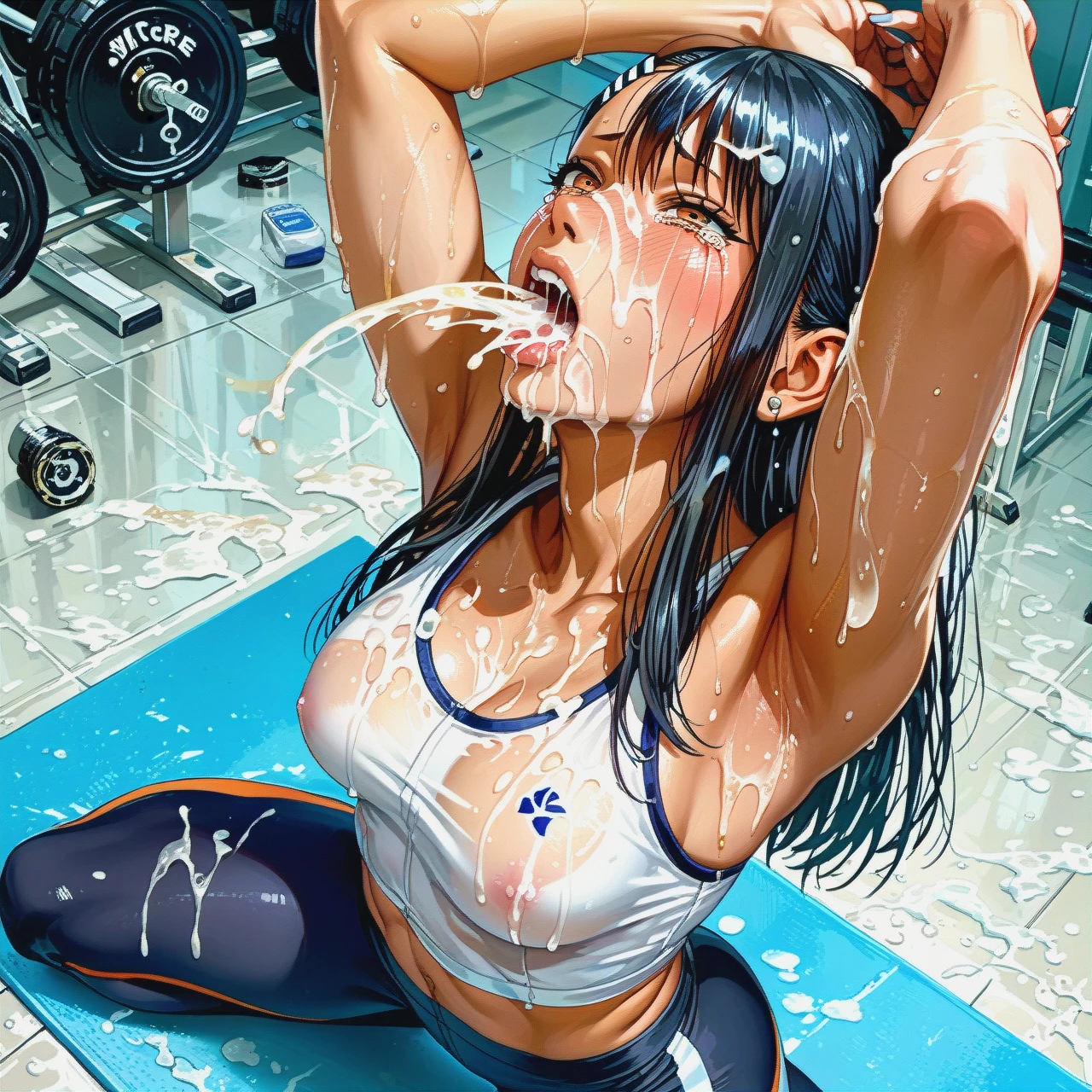 Nagatoro, yoga pants, oil body, , see through clothes, legs above head, very bukkake, (crying) (deepthroat)