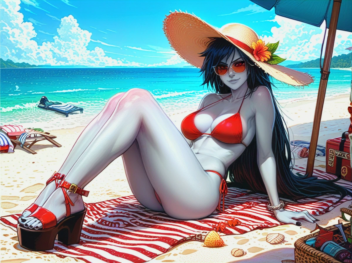 @marceline_abadeer, grey skin, black shaved side hair, large sunhat, smirking, sunglasses, low cut red bikini, cleavage, visible belly button, platform sandals, rounded breasts, rounded ass, sitting on beach towel, beach parasol, leaning back, legs extended, very long hair, beach, cloudy, evening