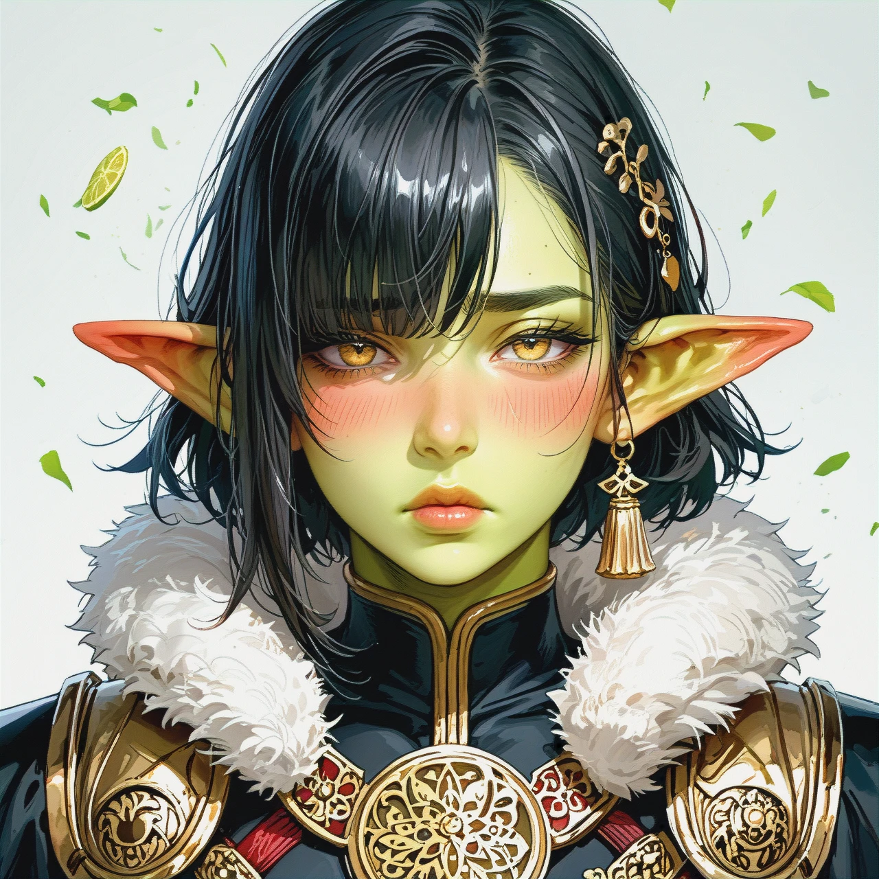 solo,20 year old,goblin femboy with lime-green skin,gorgeous face, skinny fit,fur top,cute shy face,narrow mouth,plump lips,fur shoulder pad on left shoulder,half-closed eyes,yellow eyes,black hair,hair with bangs,bands covering the eyes,blush,sad mouthhalf body,grey background