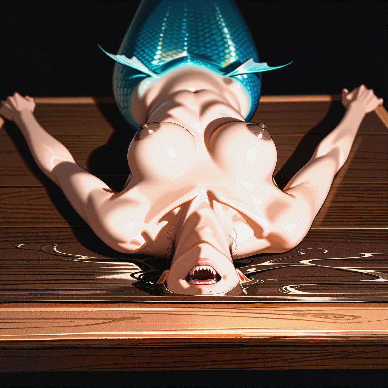 Japanese girl Mermaid, Half fish body, fish fins, lying on the Dining table, weak and helpless, completely naked, (dark_nipples), Half human, half fish, mermaid, Already suffocated, served on the dining table, Dire conditions, headless