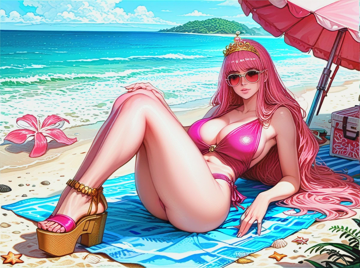 princess bubblegum, pink skin, pink hair, tiara, pink sunglasses, low cut pink one piece swimsuit, cleavage, visible belly button, platform sandals, rounded breasts, large breasts, rounded ass, sitting on beach towel, beach parasol, leaning back, legs extended, very long hair, beach, sunny