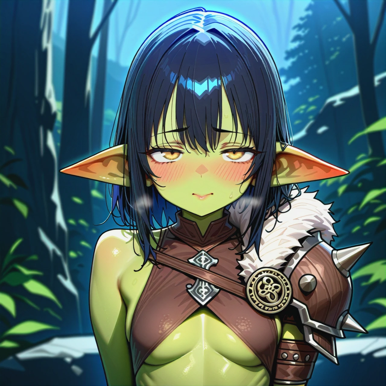 solo,20 year old,goblin femboy with lime-green skin,gorgeous face, skinny fit,fur top,cute shy face,narrow mouth,plump lips,barbarian fantasy clothes,fur shoulder pad on left shoulder,half-closed eyes,yellow eyes,black hair,hair half-closing the eyes,blush