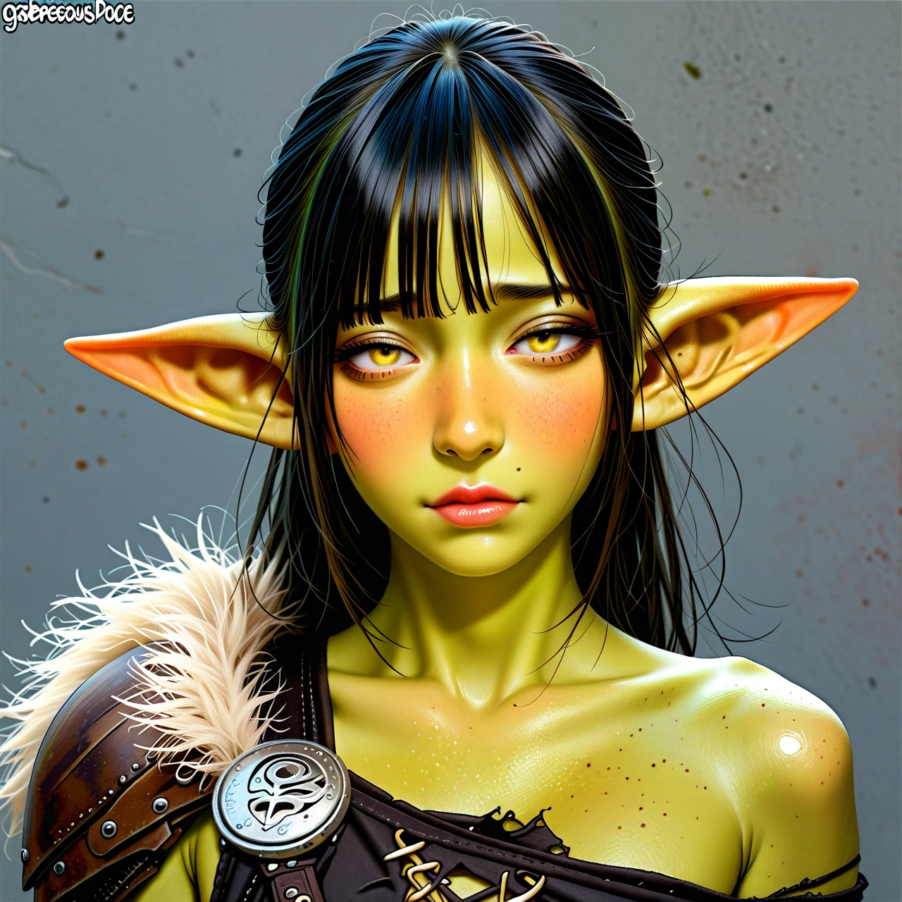 solo,20 year old,goblin femboy with lime-green skin,gorgeous face, skinny fit,fur top,cute shy face,narrow mouth,plump lips,fur shoulder pad on left shoulder,half-closed eyes,yellow eyes,black hair,hair with bangs,bands covering the eyes,blush,sad mouth,half body,grey background