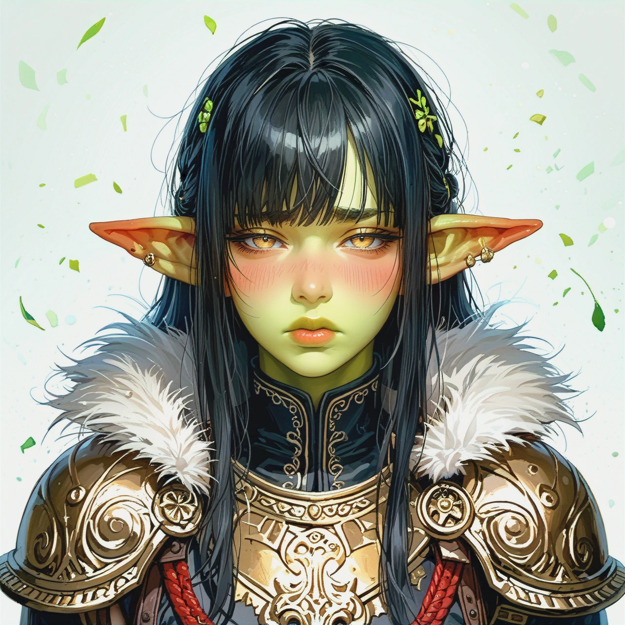 solo,20 year old,goblin femboy with lime-green skin,gorgeous face, skinny fit,fur top,cute shy face,narrow mouth,plump lips,barbarian fantasy clothes,fur shoulder pad on left shoulder,half-closed eyes,yellow eyes,black hair,hair with bangs,bands covering the eyes,blush,sad mouth