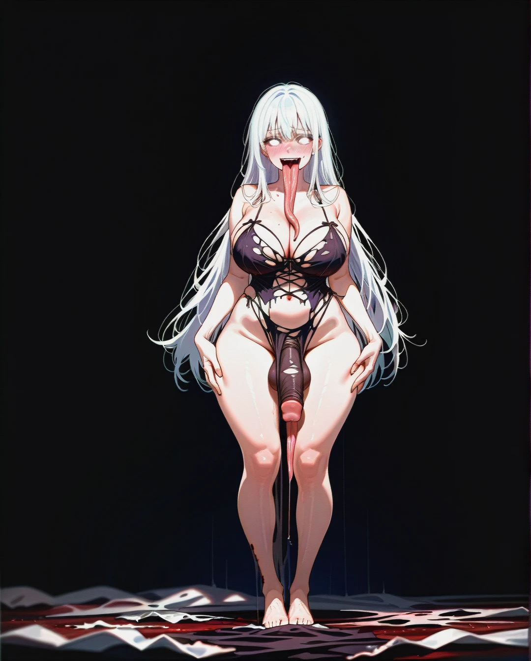 Horror style, nightmare, night. Very dark background. 1 futanari, (full-package_futanari), (solo_focus), (curvy), full body, white hair, glowing eyes, white eyes. Beautiful face, no scars, no wounds, clear face. (naughty_face), scary face, (full_blush), (long_tongue), very long tongue, (tongue_out),  Torn scary underwear, torn scary lingerie, big penis  (sheet_grab), (grabbing)