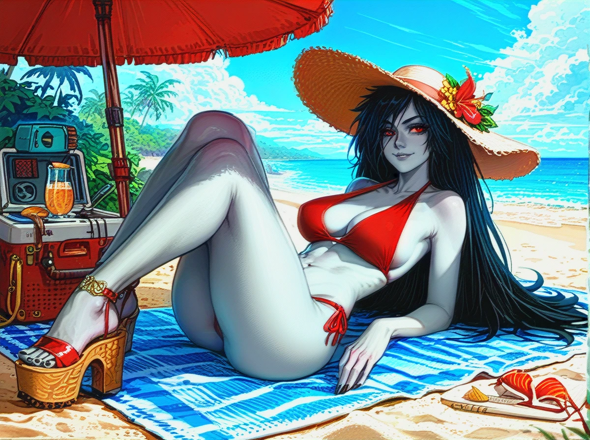 @marceline_abadeer, grey skin, black shaved side hair, large sunhat, smirking, sunglasses, low cut red bikini, cleavage, visible belly button, platform sandals, rounded breasts, rounded ass, sitting on beach towel, beach parasol, leaning back, legs extended, very long hair, beach, cloudy