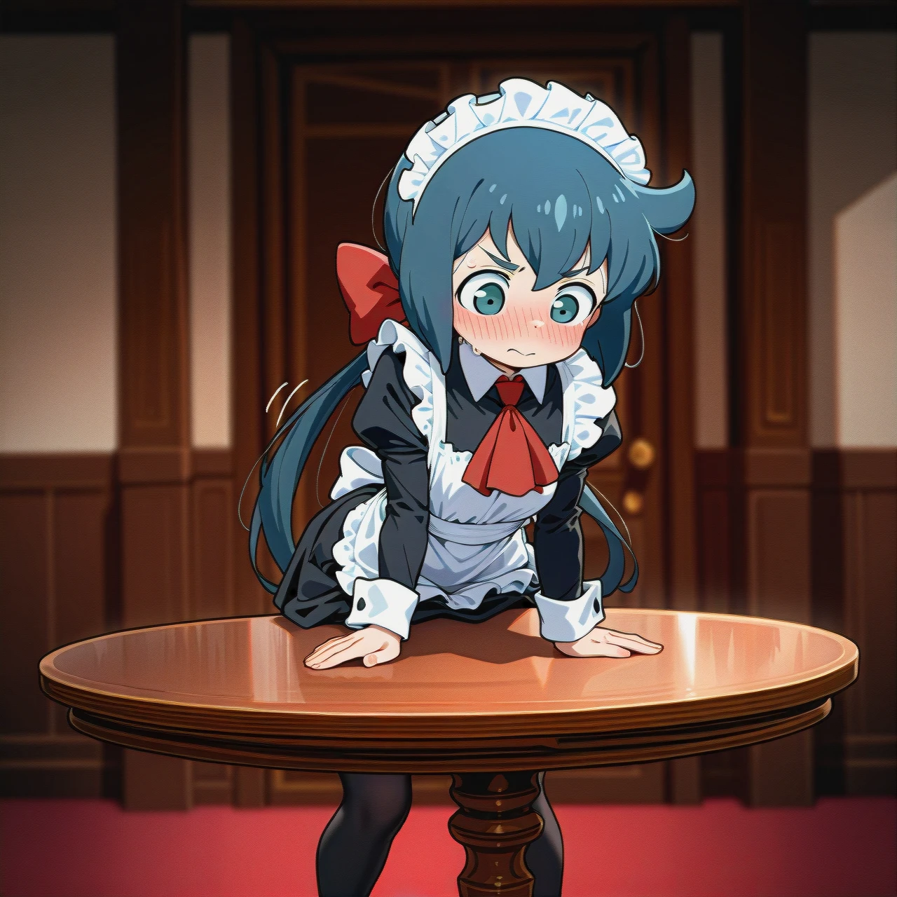 @constanze_amalie_von_braunschbank-albrechtsberger, (table_humping), (full_body), maid outfit, cute, (blush), (full_body), indoor