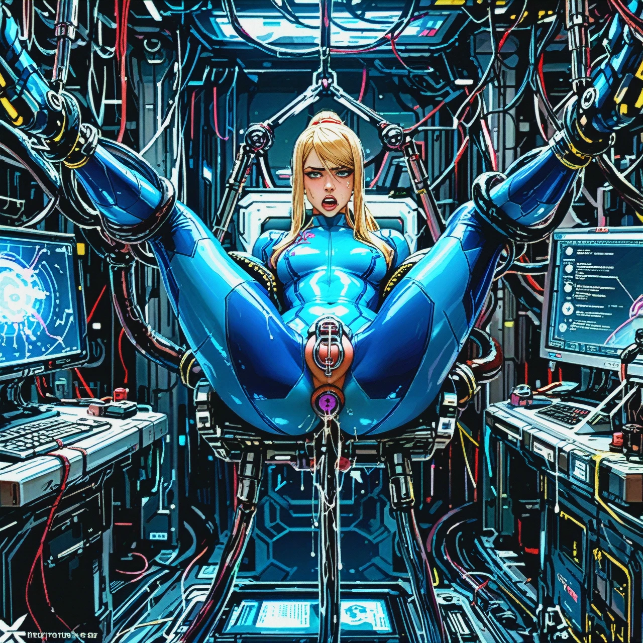 cyberpunk, Samus Aran, Spaceship, open bodysuit, automated bondage, mechanical tentacle, trapped, suspended, breeding machine, sex slave, forced impregnation, helpless, status monitor, computer view, completion bar,chastity cage, femboy, orgasm