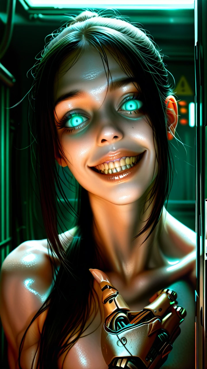 1girl, solo, pale, black hair, ponytail, (muscular), (skinny), nude, (evil_smile), (yandere), (glowing_eyes), turquoise eyes, (staring), head tilt, cyborg, horror, dark sci-fi room, (femdom)