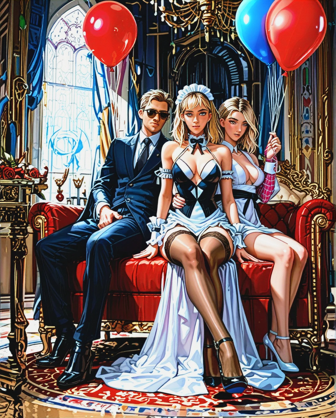 threesome,3girl, threesome,3girl, rubbing, intense_orgasm, balloons,half-closed_eye,armlets,thin_waist,wrist_cuffs, robe,sexy_stockings,sunglasses,stiletto_heels, maid_dress, spider-gwen, dynamics