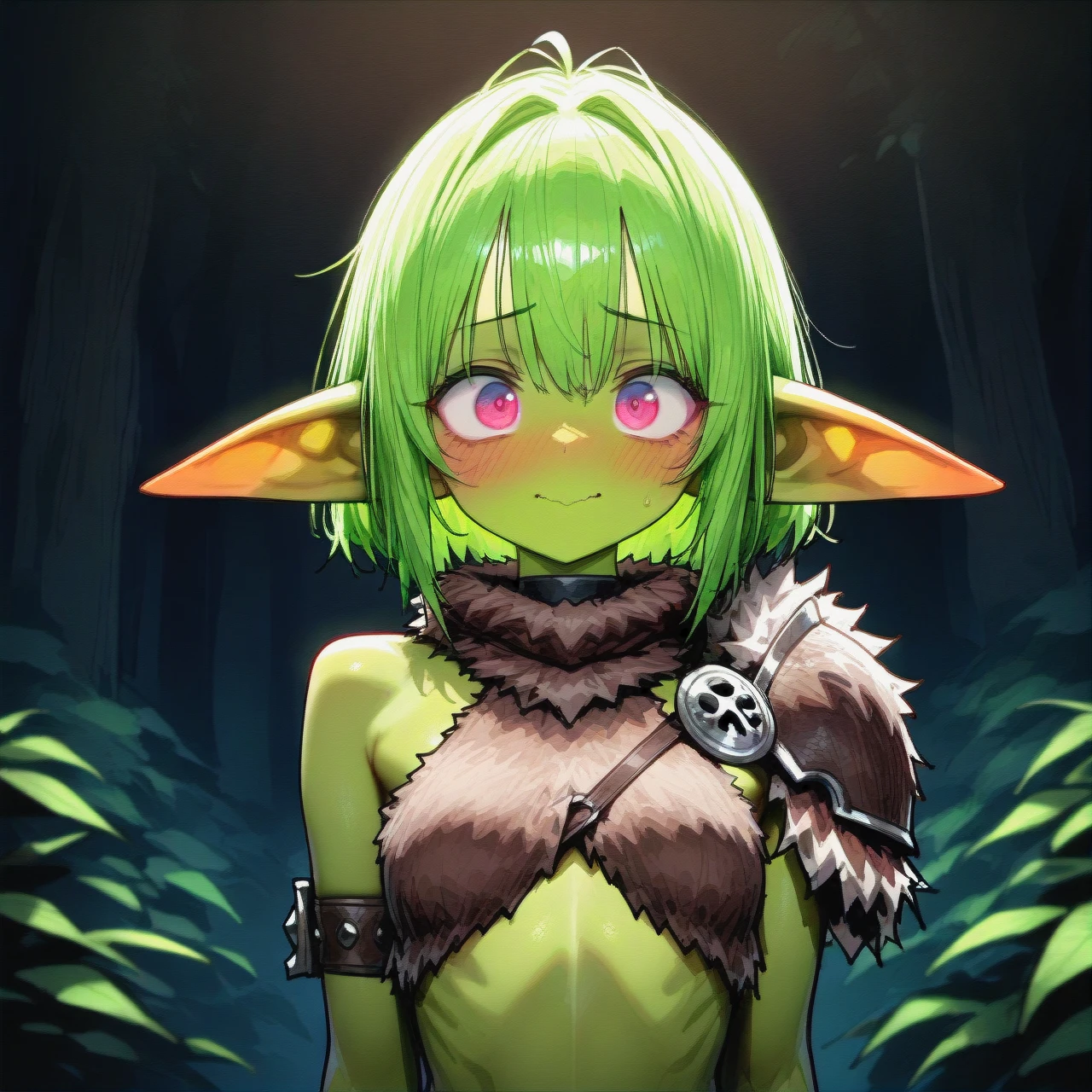 20 year old,goblin boy with lime-green skin,gorgeous face, skinny fit,fur top,cute shy face,narrow mouth,barbarian fantasy clothes,fur shoulder pad on left shoulder