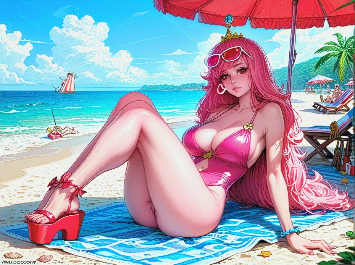 @princess_bonnibel_bubblegum, pink skin, pink hair, pink sunglasses, low cut pink one piece swimsuit, cleavage, visible belly button, platform sandals, rounded breasts, rounded ass, sitting on beach towel, beach parasol, leaning back, legs extended, very long hair, beach, sunny