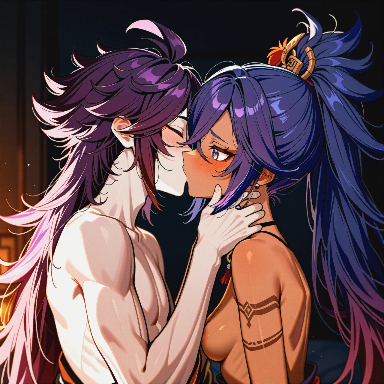 (kissing_neck), genshin impact characters, Banzoin Hakka, dark skin,  boy pale skin, pale boy, boy + girl,  kissing, purple hair , 2nd dark skin girl, (skinny), (clothes_pull), ponitale, banzoin hakka, both visible, (shy) , long hair, pale male, dark skinned female, blush, (holding_hands), cyberpunk