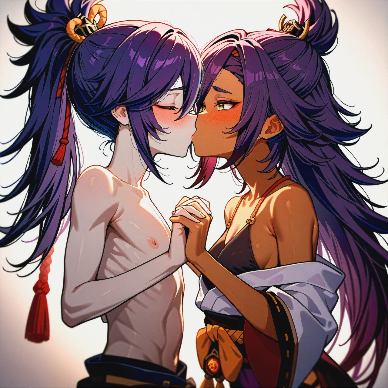 (kissing_neck), genshin impact characters, Banzoin Hakka, dark skin,  boy pale skin, pale boy, boy + girl,  kissing, purple hair , 2nd dark skin girl, (skinny), (clothes_pull), ponitale, banzoin hakka, both visible, (shy) , long hair, pale male, dark skinned female, blush, (holding_hands),