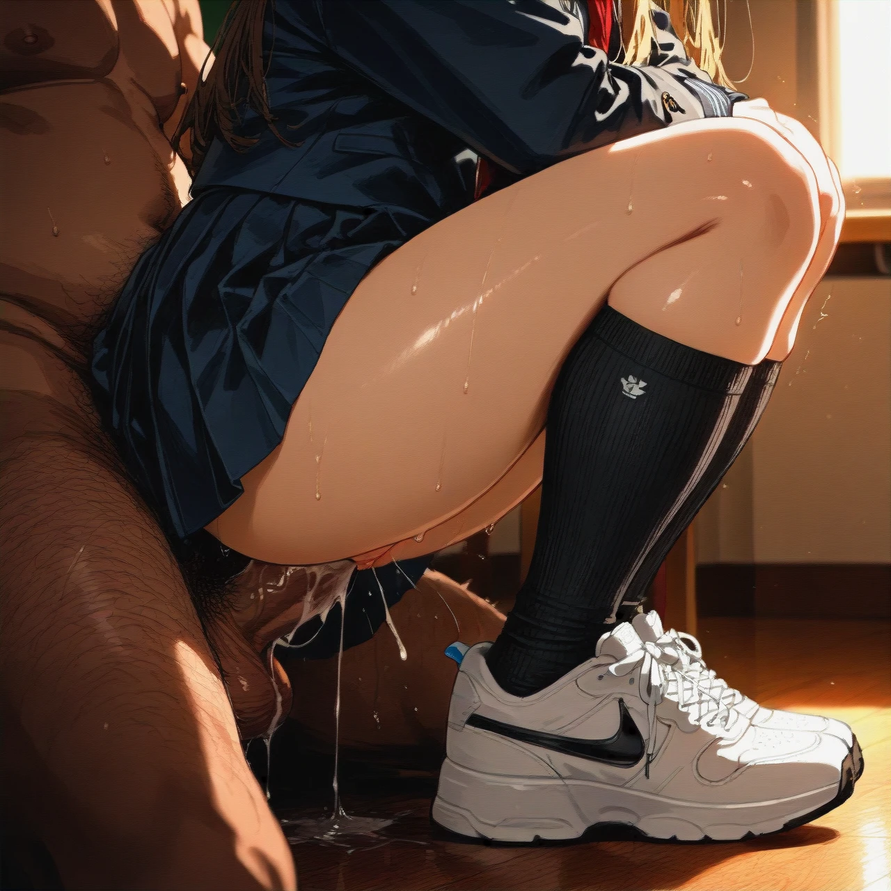 Having sex with her old grandfather right at school, she's wearing black knee socks, white sneakers, black school skirt, grandpa fucks her in her (vaginal)