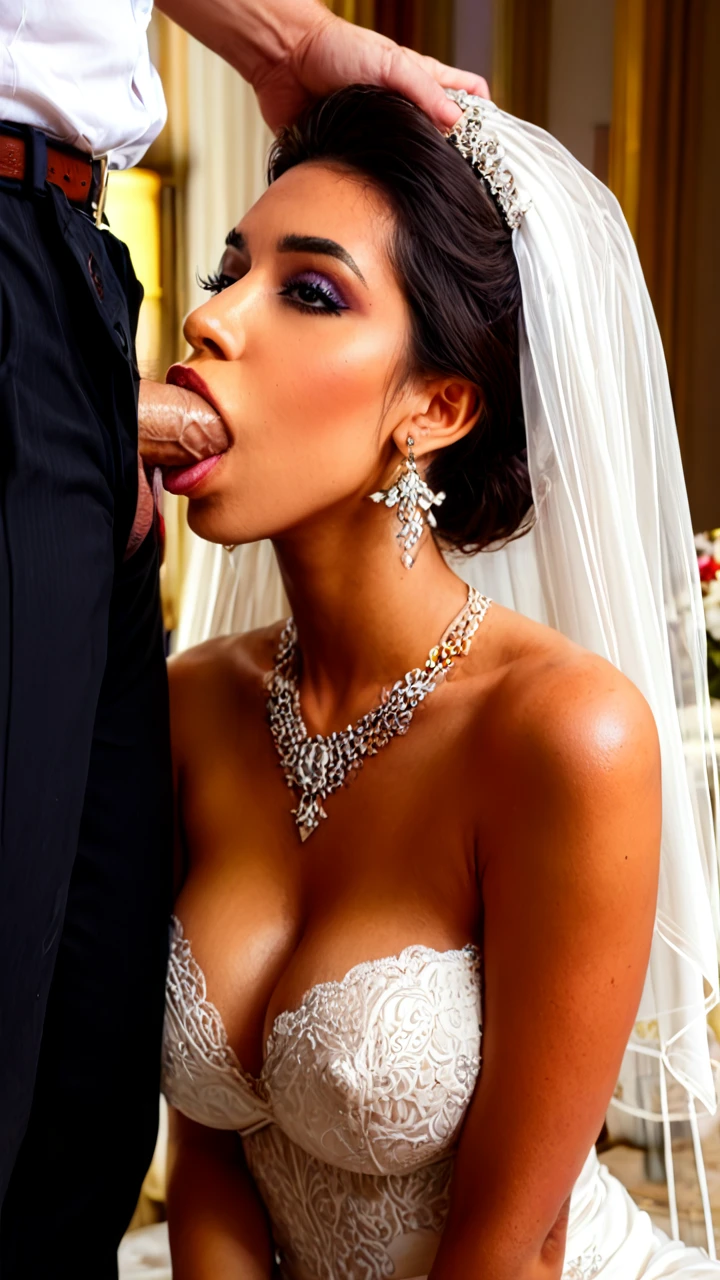 A masterpiece,  photo of one woman, headquarters, perfect lively eyes, 18-year-old muslim bride, the face of arab princess, (((masturbating with her right hand))), sex on the altar in an antique mosque, (dark hair, very long wavy hairstyle), , ((((long elegant chic wedding dress made of white satin and lace)))), (((the bride's veil is on her head))), ((deep neckline)), wear hijab, , breasts are open with thick swollen nipples, necklace with diamonds, passion in orgasm, in the spotlight, a woman with a passionate orgasm on face, (((men without trousers))),, (irrumatio), double penetration, gangbang, strong desire for sex in her eyes, in nylon stockings, on white high heels.