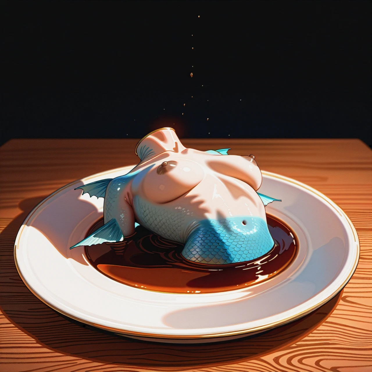 Japanese girl Mermaid, Half fish body, fish fins, lying on the Dining table, weak and helpless, completely naked, (dark_nipples), Half human, half fish, mermaid, Already suffocated, served on the dining table, Dire conditions, headless, armless, Served on a  Plate, bathed in sauce.