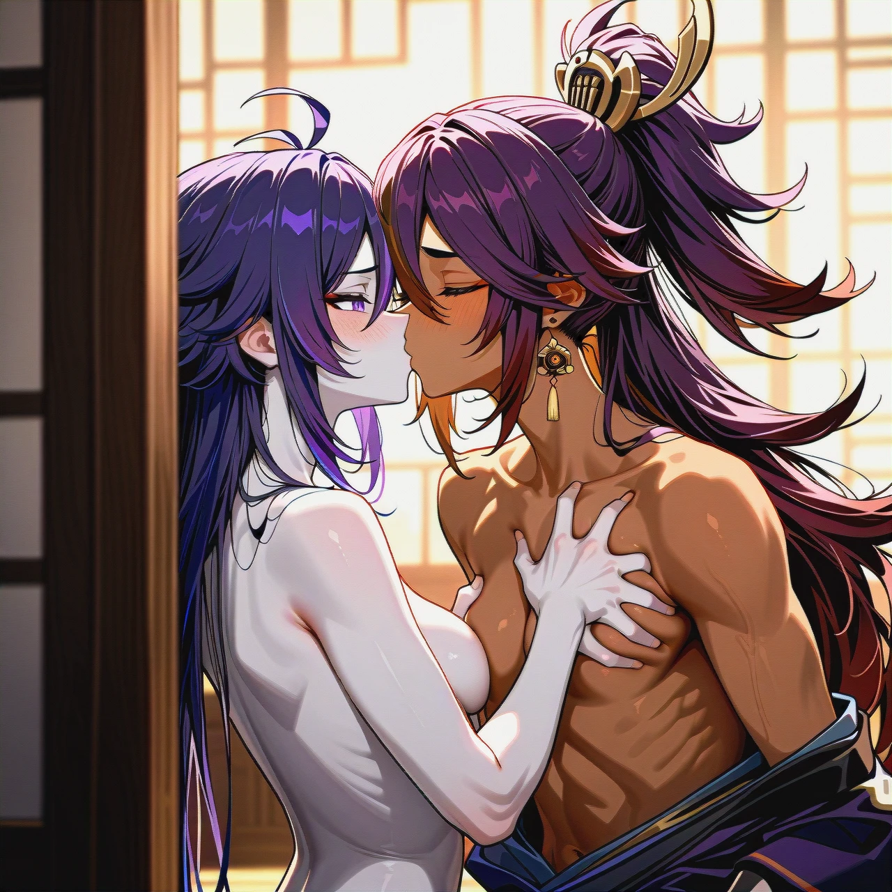 (kissing_neck), genshin impact characters, Banzoin Hakka, dark skin,  boy pale skin, pale boy,  kissing, purple hair , 2nd dark skin girl, (skinny), (clothes_pull), ponitale, banzoin hakka, both visible, face to face, brest grabbing, (shy) , long hair, pale male, dark skinned female