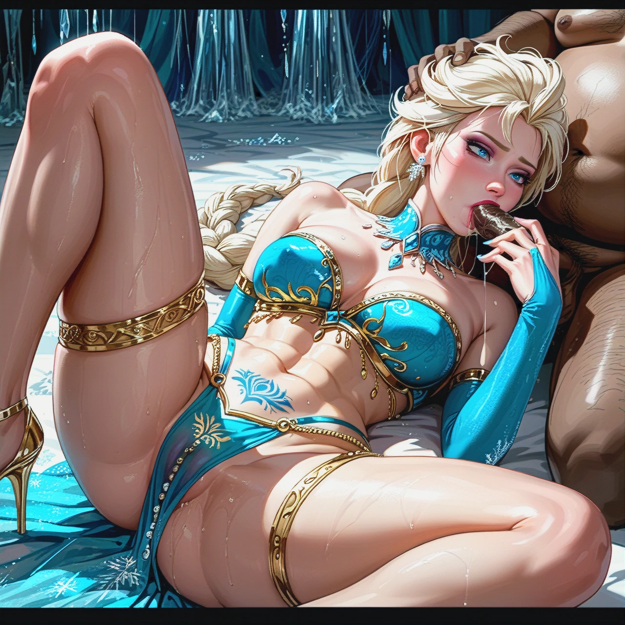 @elsa , transparent harem outfit, perfect body  , lying, (expressionless) (legs_apart) , , (leg_up) , slave tattoo, ugly fat man, blowjob , dark skinned male