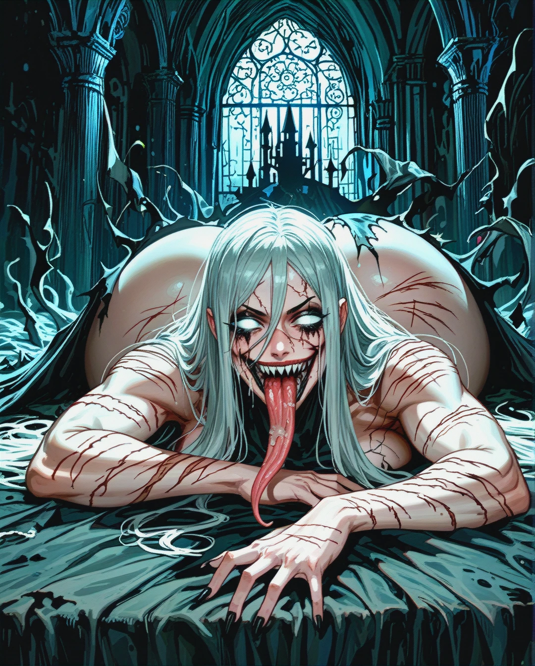 Horror style, nightmare, night. Very dark background. Dark black bed. Dark castle 1 futanari, (full-package_futanari), (solo_focus), (curvy), full body, white hair, glowing eyes, white eyes. Lots of sharp teeth Beautiful face, no scars, no wounds, (long_tongue), (smile), very long tongue, (tongue_out), black lips, black makeup, scars face, huge ass, huge hips Torn scary cloth, torn scary rags, big penis, big nuts  (solo_focus), (full-package_futanari), (lying), (on_stomach)