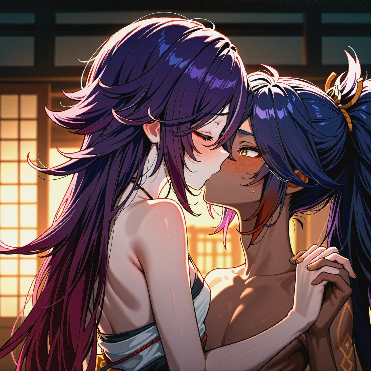 (kissing_neck), genshin impact characters, Banzoin Hakka, dark skin,  boy pale skin, pale boy, boy + girl,  kissing, purple hair , 2nd dark skin girl, (skinny), (clothes_pull), ponitale, banzoin hakka, both visible, (shy) , long hair, pale male, dark skinned female, blush, (holding_hands),