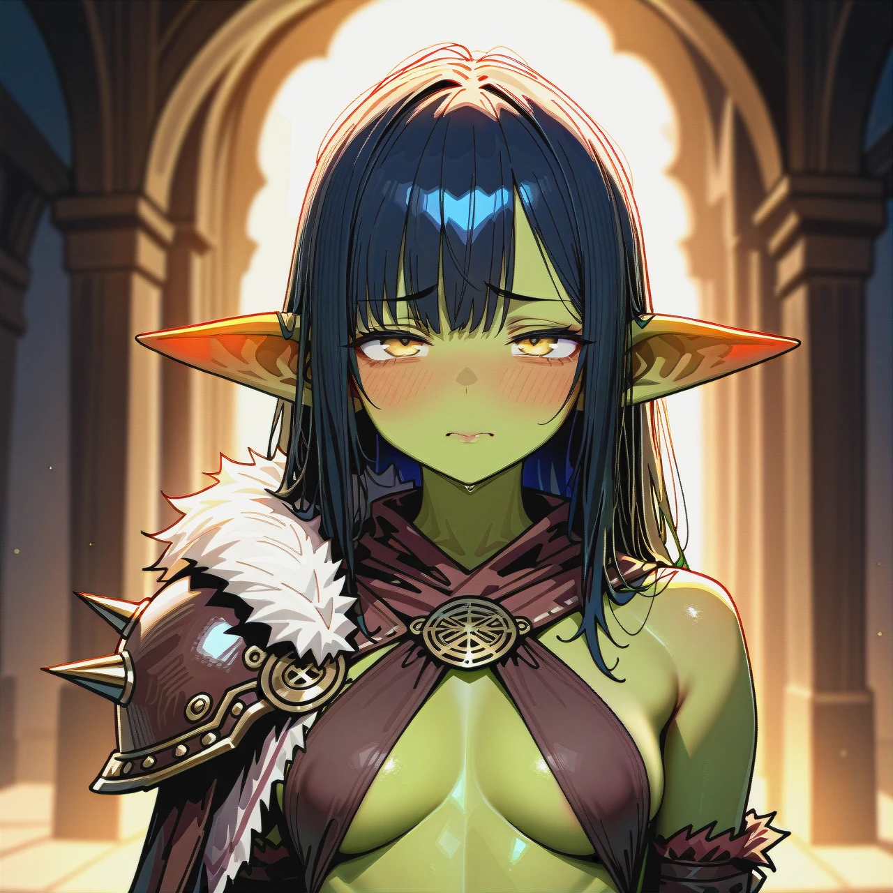 solo,20 year old,goblin femboy with lime-green skin,gorgeous face, skinny fit,fur top,cute shy face,narrow mouth,plump lips,barbarian fantasy clothes,fur shoulder pad on left shoulder,half-closed eyes,yellow eyes,black hair,hair with bangs,bands covering the eyes,blush,sad mouth