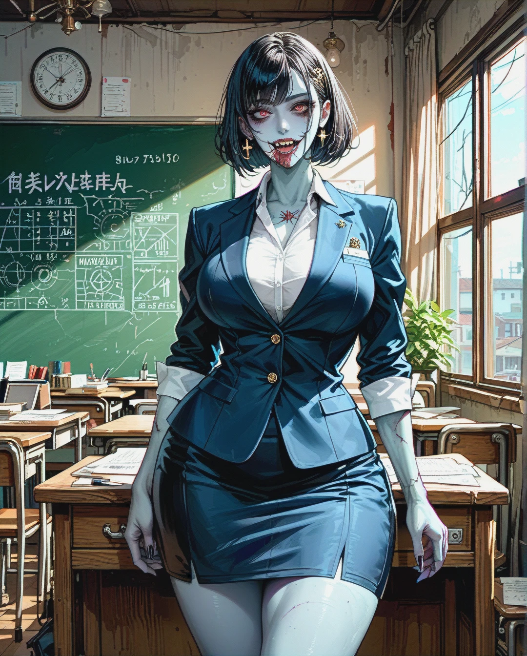 a teacher with a perfect body,  zombie, big boobs, big hips, visible boobs,slut